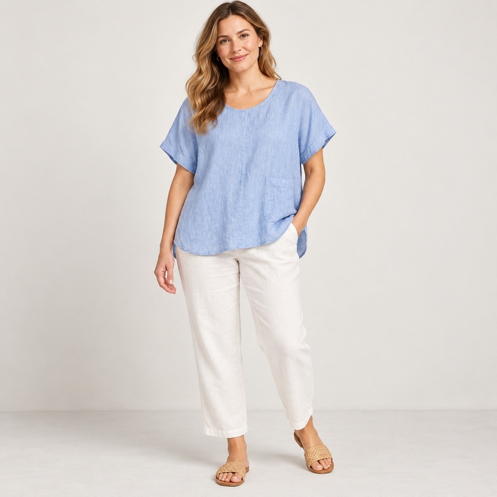J. Jill Womens M Petite Pure Jill Linen Top Blue Short Sleeve Coastal Lagenlook